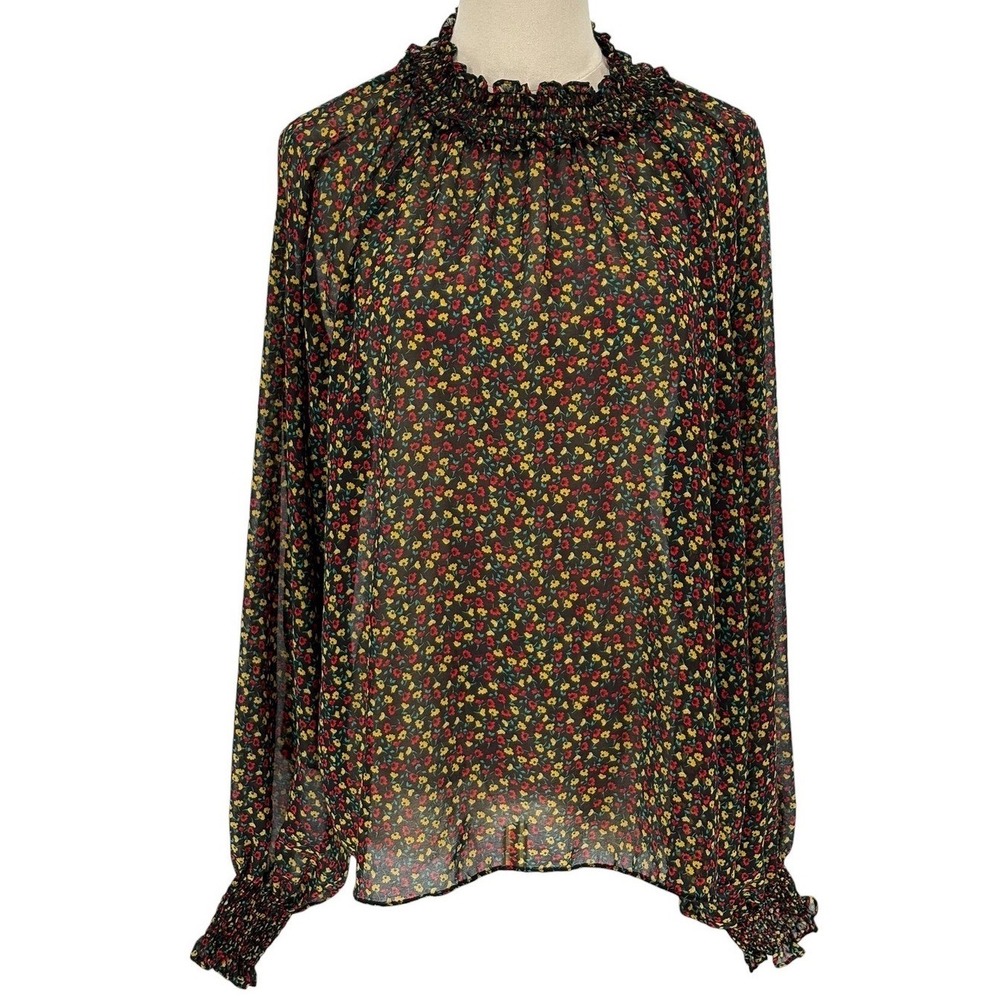 Gap Sheer Blouse Black Floral Smocked Neck Long Sleeve XL‎